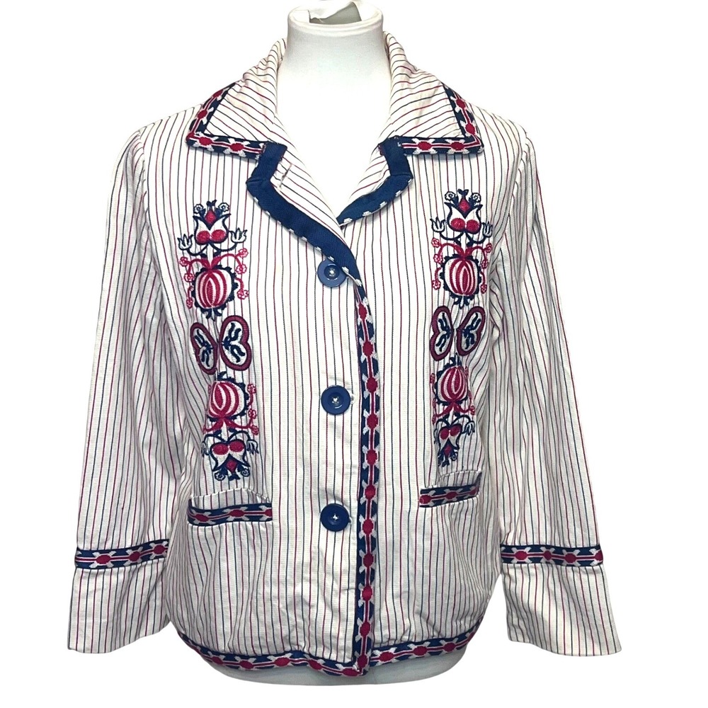 Max Studio Folk Art Americana Embroidered Stripe Blazer Jacket Red White Blue‎ M